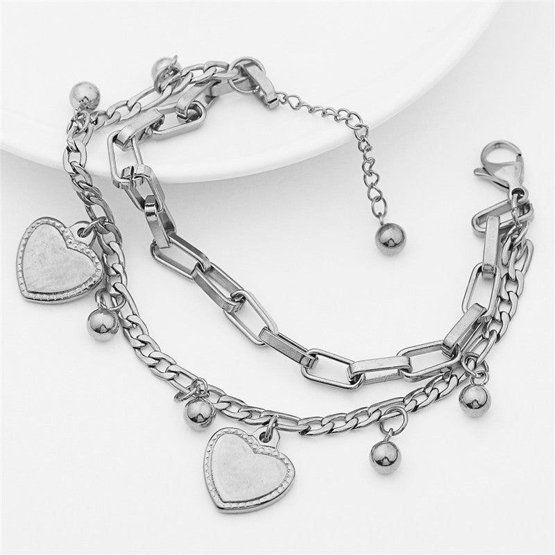 Double Layer Stainless Steel Love Punk Style Silver Color Party Ornament Hand Decoration Bracelet for Women