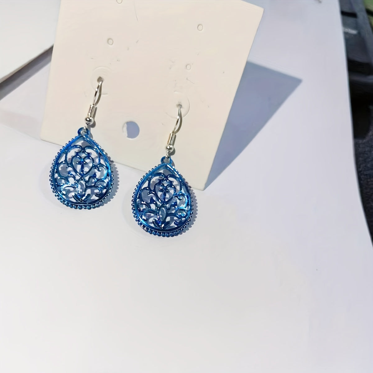 Hollow Golden Flower Pattern Teardrop Dangle Earrings Elegant Style Alloy 14K Gold Plated Jewelry Delicate Female Gift