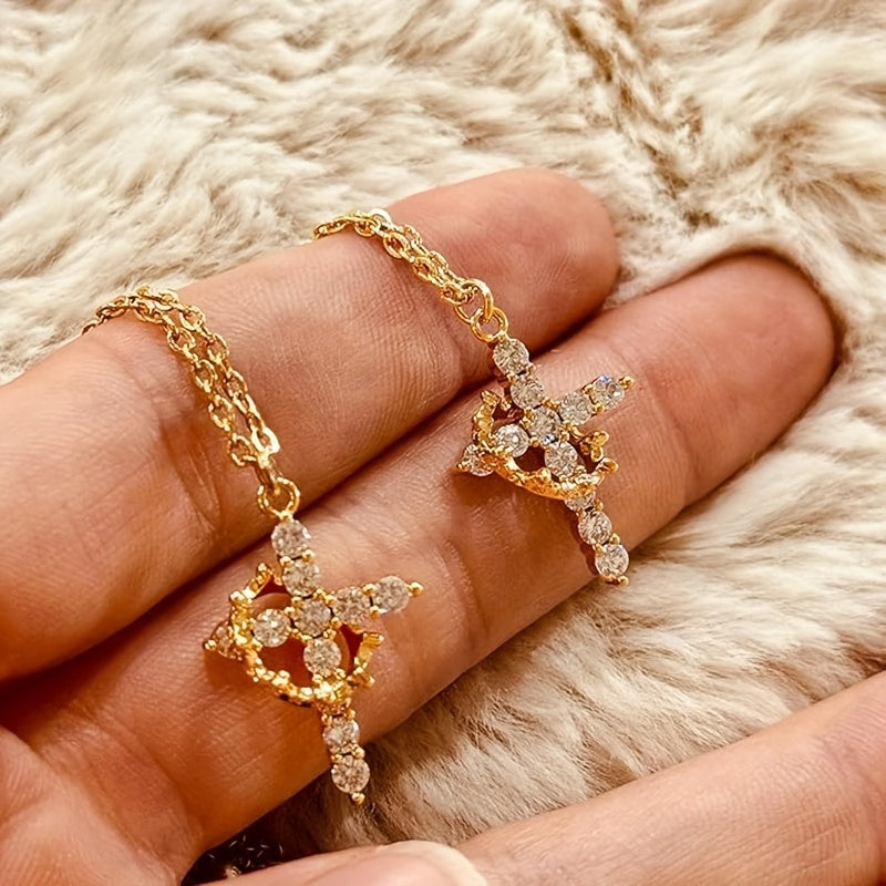 Elegant Crown Cross, Shining Noble Ladies Jewelry, Rotating, 14K Gold Plated Jewelry, Gorgeous Stone, Suitable For Individual Or Combination Wear, Best Gift For Her