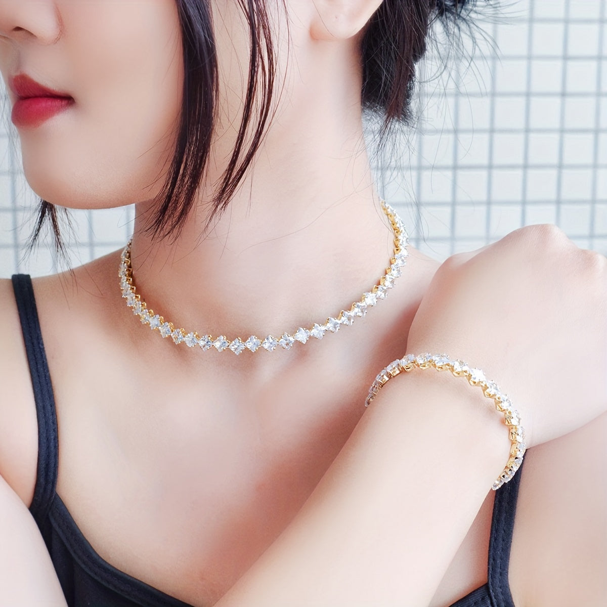 1 Pc Bracelet +1 Pc Necklace Copper 18K Gold Plated Jewelry Embellished With Shiny zirconia Elegant Sexy Style For Women Wedding Gift