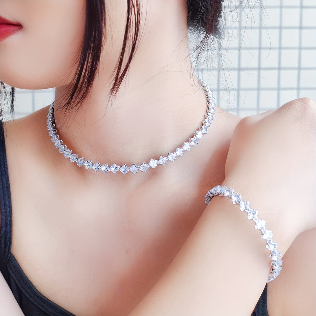 1 Pc Bracelet +1 Pc Necklace Copper 18K Gold Plated Jewelry Embellished With Shiny zirconia Elegant Sexy Style For Women Wedding Gift