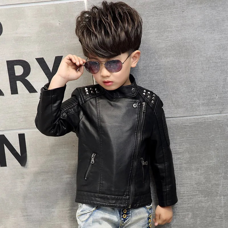 Fashion Kids Leather Jacket Girls PU Jacket Children Motorcycle Outwear for Baby Girl Jackets Rivet Boy Coats W12