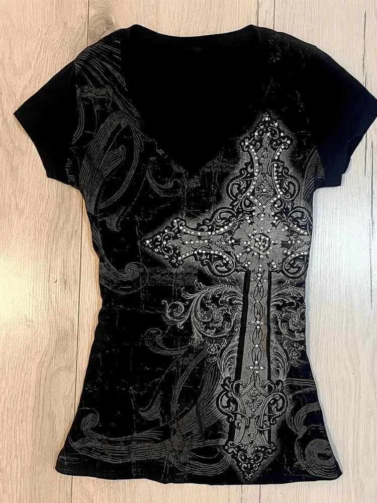 Camiseta Crop Top Mujer Y2K - T-Shirt Cuello V Rosa Estampado Verano