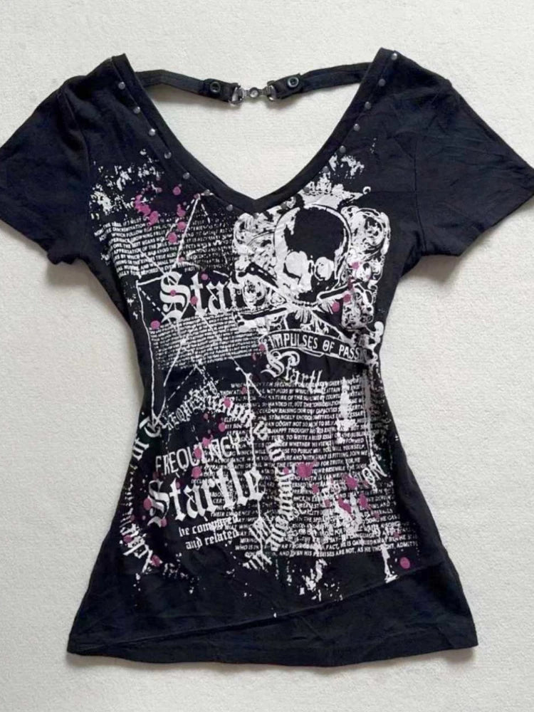 Camiseta Crop Top Mujer Y2K - T-Shirt Cuello V Rosa Estampado Verano