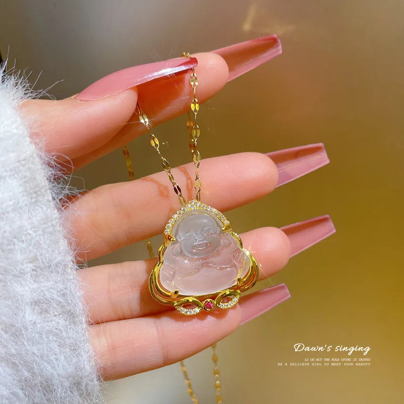 Jade Buddha Pendant Necklace - Titanium Steel Zircon Clavicle