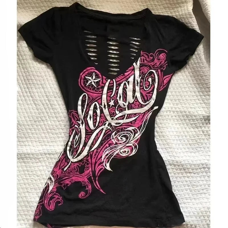 Camiseta Crop Top Mujer Y2K - T-Shirt Cuello V Rosa Estampado Verano