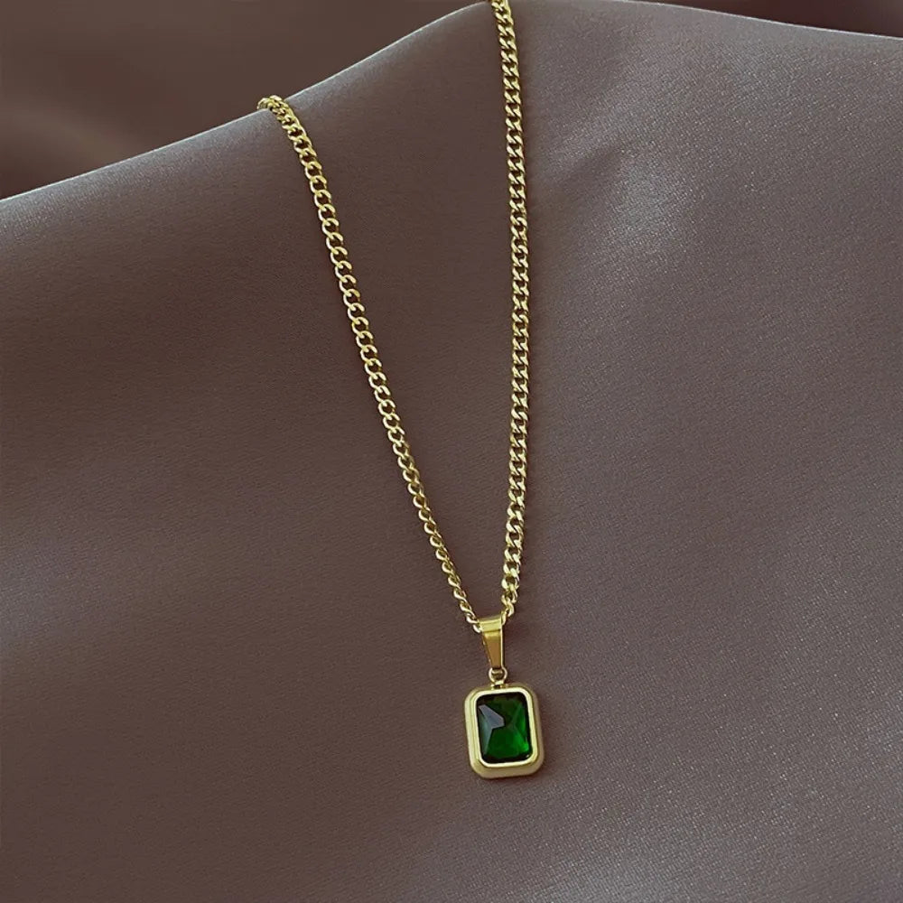 Elegant Square Green Zircon Pendant Necklace Titanium Steel Necklace Girls Wedding Engagement Jewelry