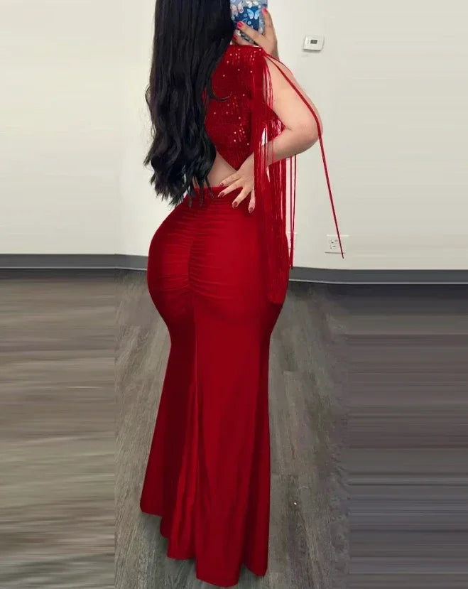 Elegant Dresses for Women Sexy Party Glamorous Contrast Sequin Ruched Slit Elegant Evening Bodycon Dress Streetwear Fashion 2024