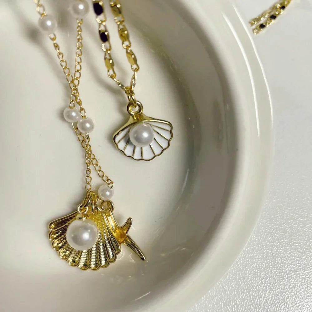 Boho Shell Starfish Necklace Set - 2pcs Pearl Chain Jewelry