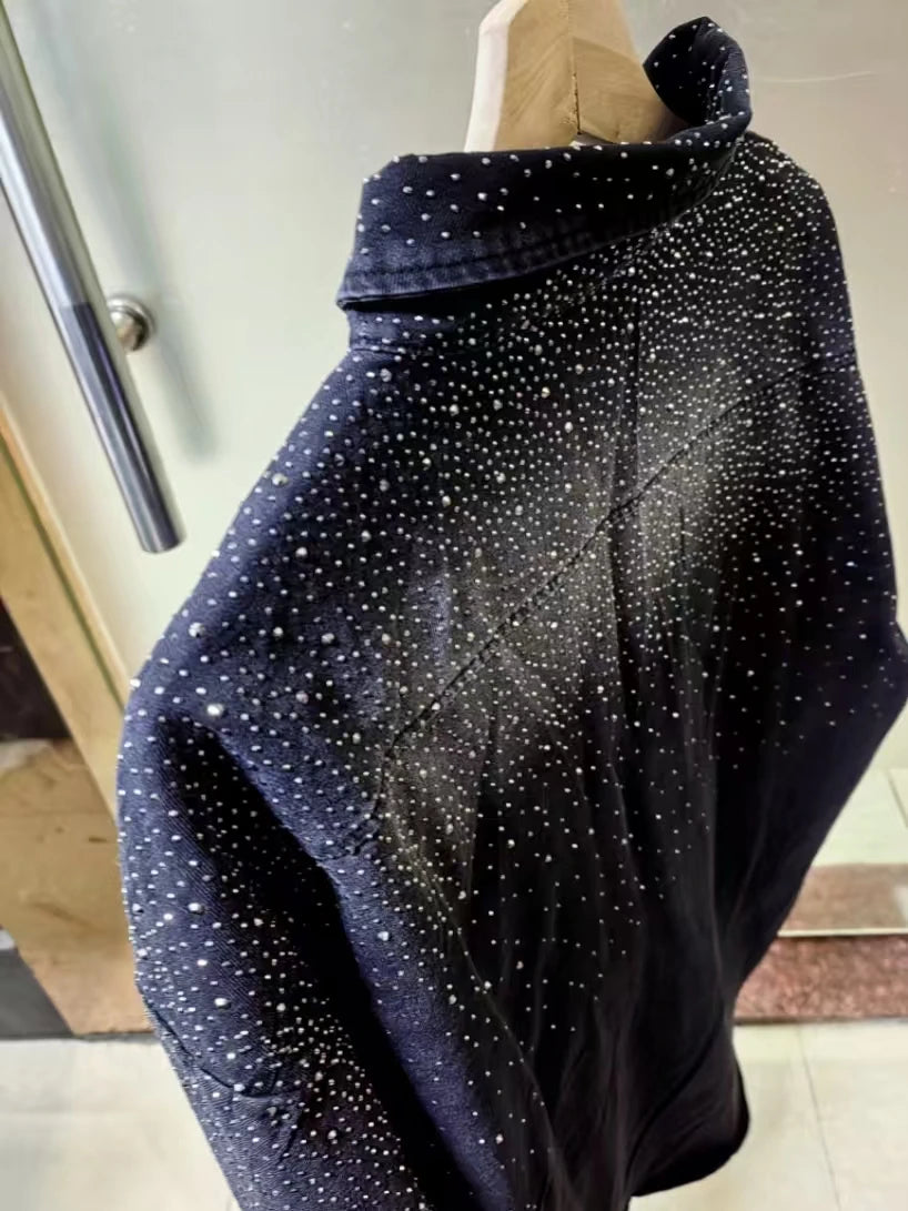 Camisa de Mezclilla Mujer con Pedrería - Blusa Casual Negra Otoño 2025