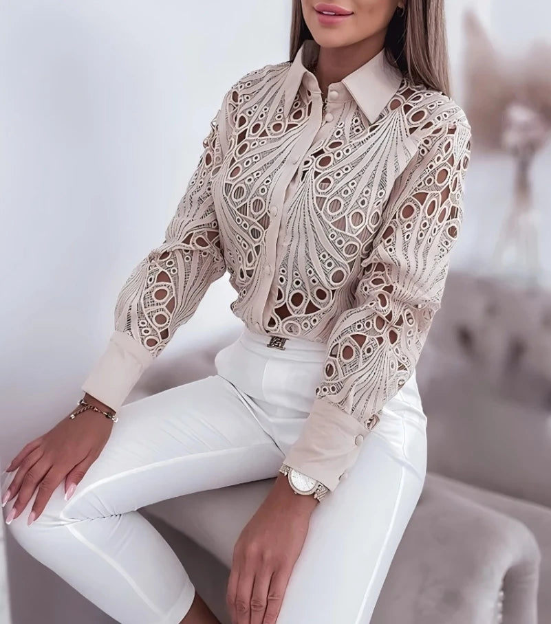 Blusa Elegante Mujer con Encaje - Camisa Manga Larga Casual 2025