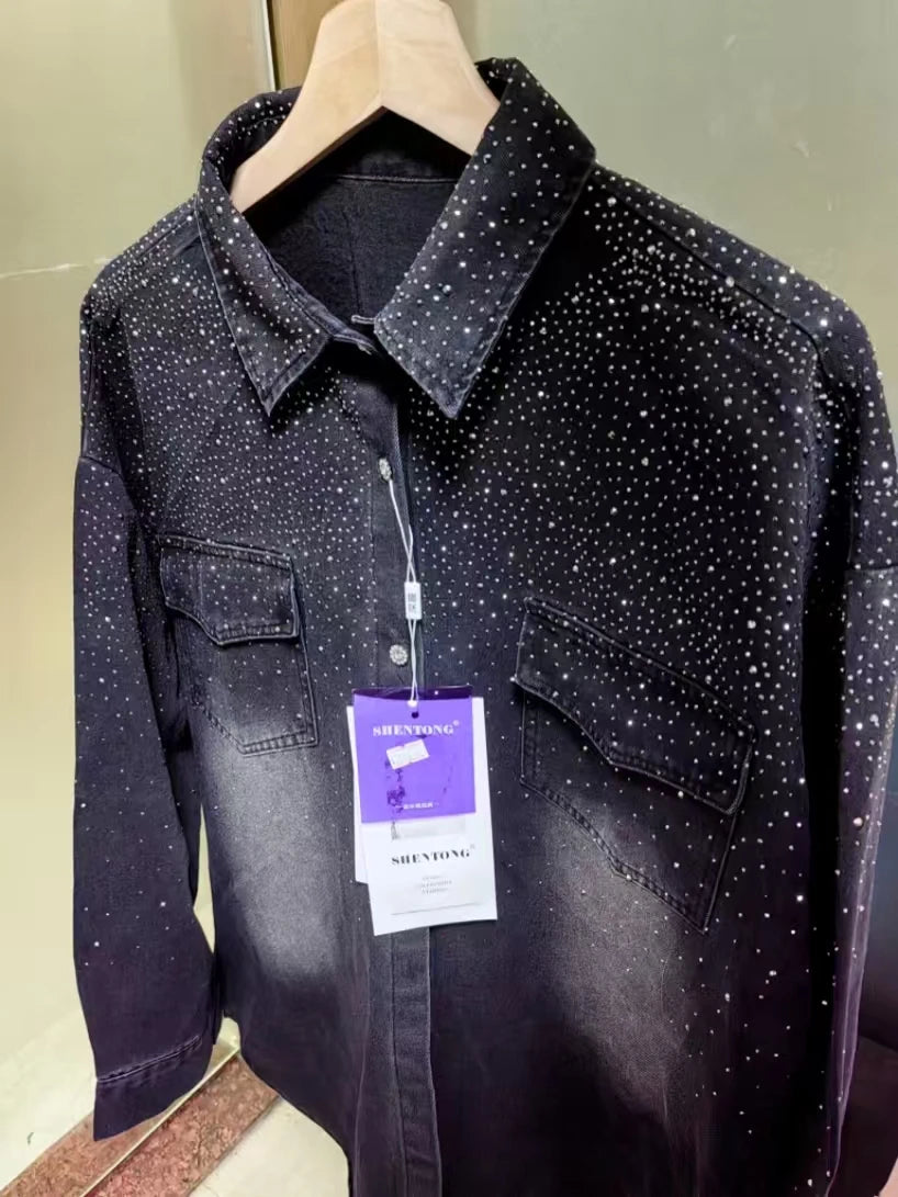 Camisa de Mezclilla Mujer con Pedrería - Blusa Casual Negra Otoño 2025