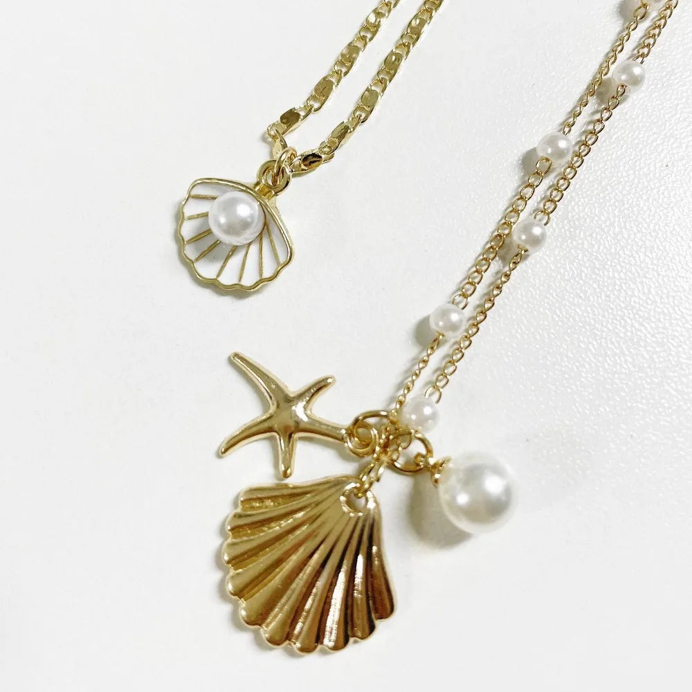 Boho Shell Starfish Necklace Set - 2pcs Pearl Chain Jewelry