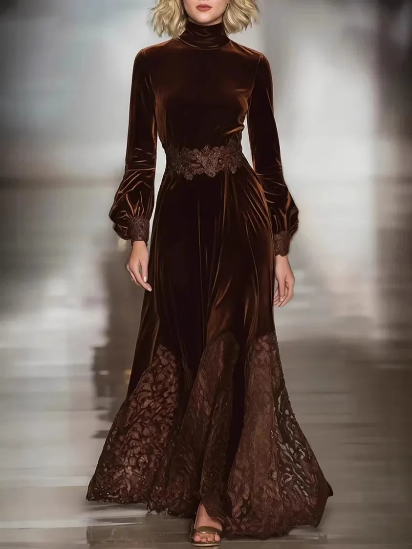 Elegant Velvet Dress - Vintage Turtleneck Long Evening Dress