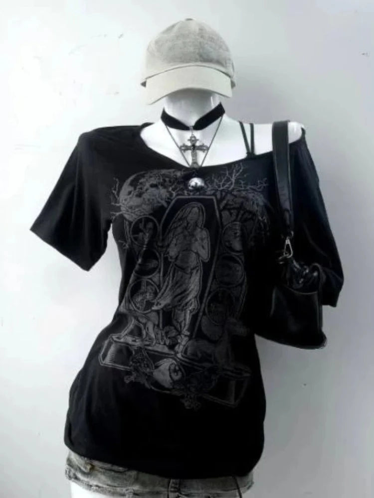 Camiseta Crop Top Mujer Y2K - T-Shirt Cuello V Rosa Estampado Verano