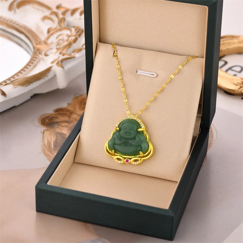 Jade Buddha Pendant Necklace - Titanium Steel Zircon Clavicle