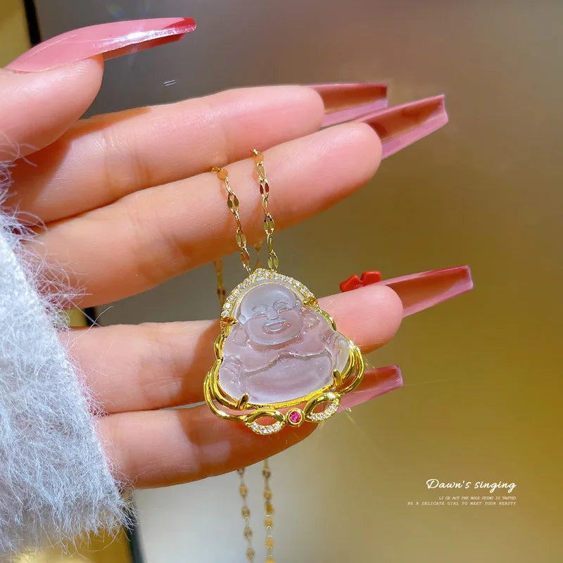 Jade Buddha Pendant Necklace - Titanium Steel Zircon Clavicle