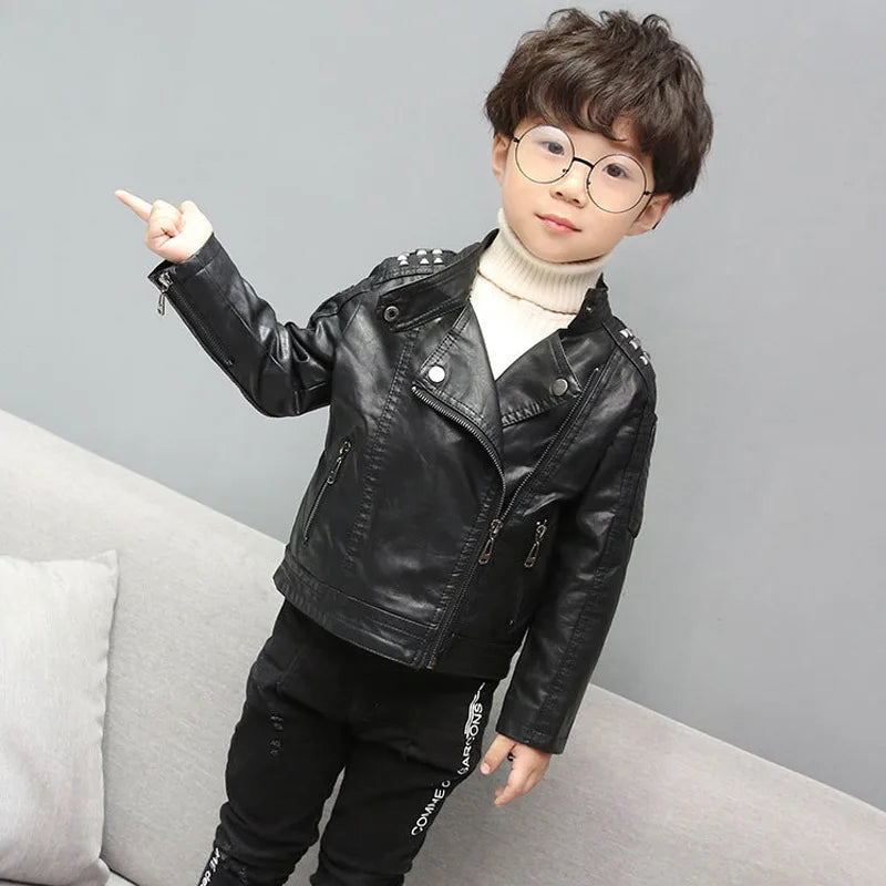 Fashion Kids Leather Jacket Girls PU Jacket Children Motorcycle Outwear for Baby Girl Jackets Rivet Boy Coats W12