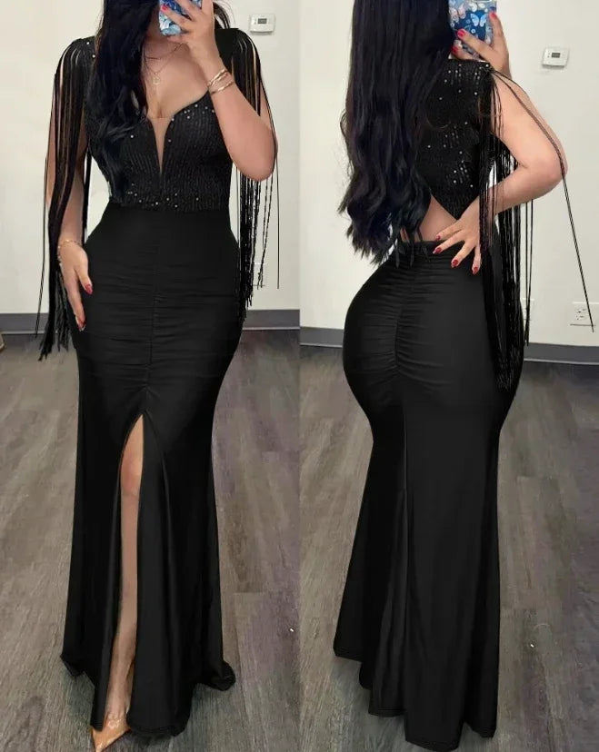 Elegant Dresses for Women Sexy Party Glamorous Contrast Sequin Ruched Slit Elegant Evening Bodycon Dress Streetwear Fashion 2024