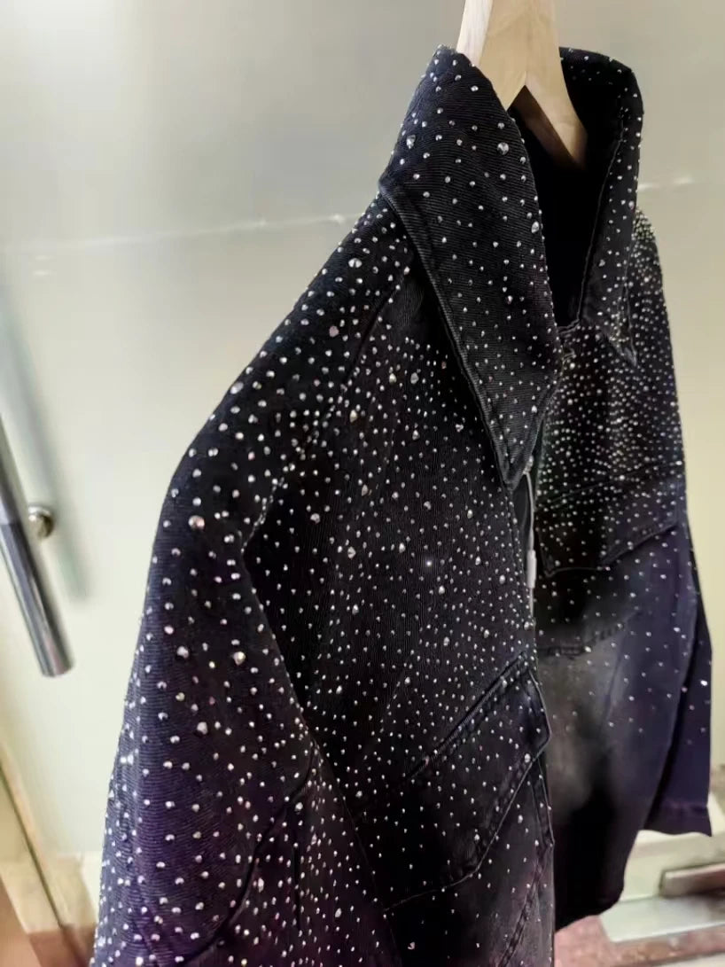 Camisa de Mezclilla Mujer con Pedrería - Blusa Casual Negra Otoño 2025