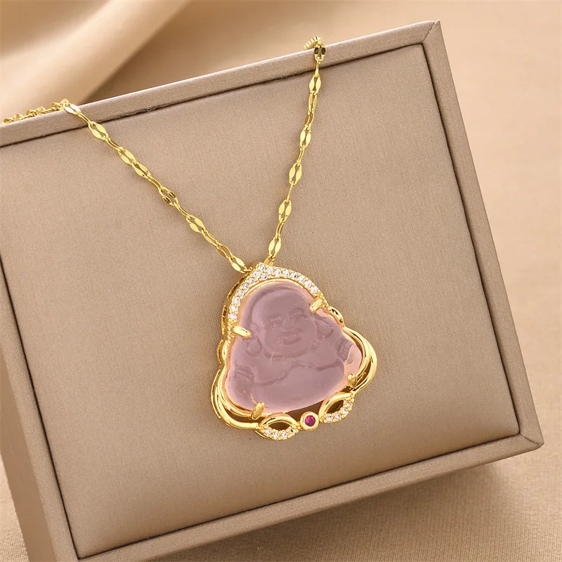Jade Buddha Pendant Necklace - Titanium Steel Zircon Clavicle