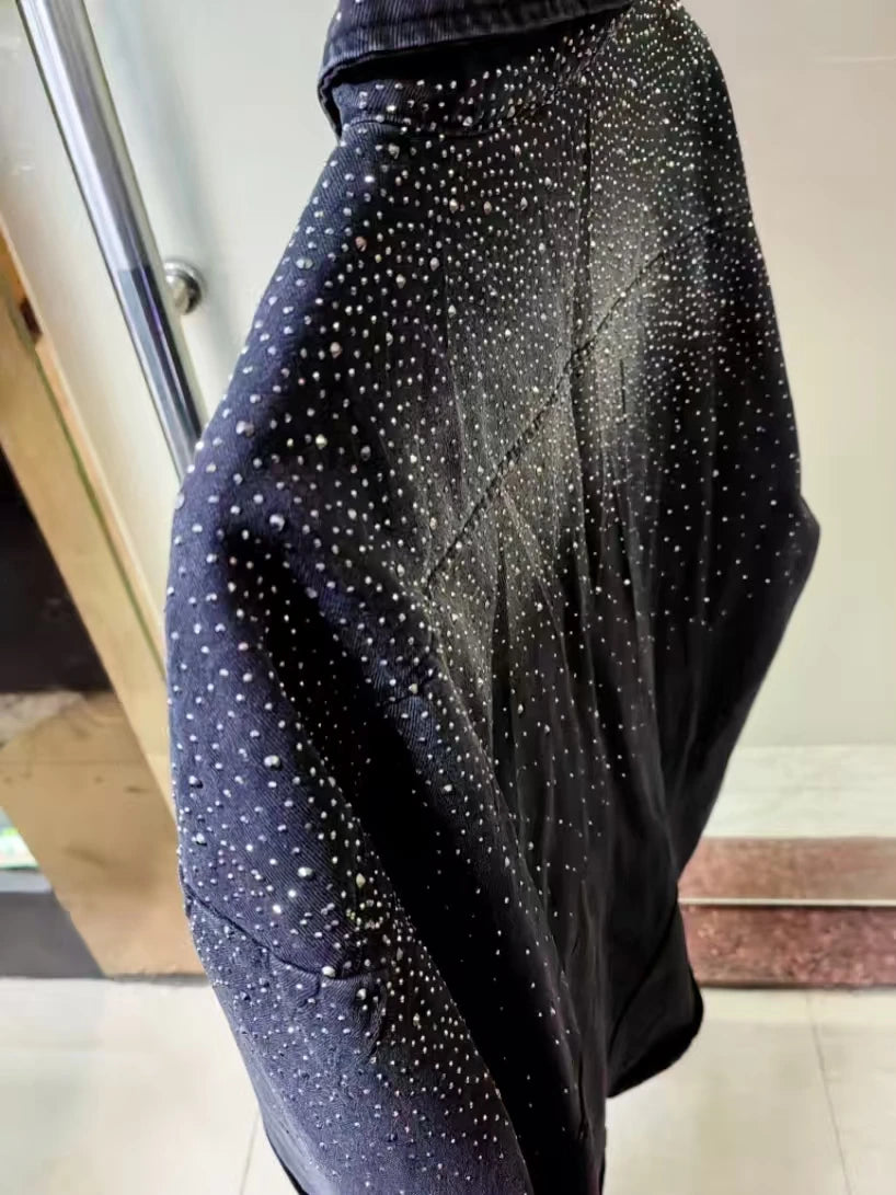 Camisa de Mezclilla Mujer con Pedrería - Blusa Casual Negra Otoño 2025