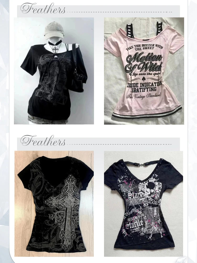 Camiseta Crop Top Mujer Y2K - T-Shirt Cuello V Rosa Estampado Verano