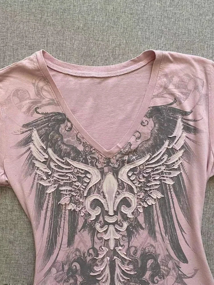 Camiseta Crop Top Mujer Y2K - T-Shirt Cuello V Rosa Estampado Verano
