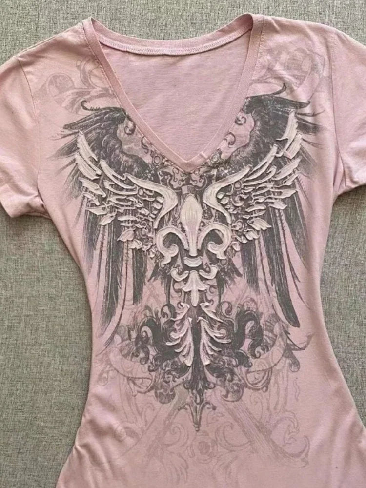 Camiseta Crop Top Mujer Y2K - T-Shirt Cuello V Rosa Estampado Verano