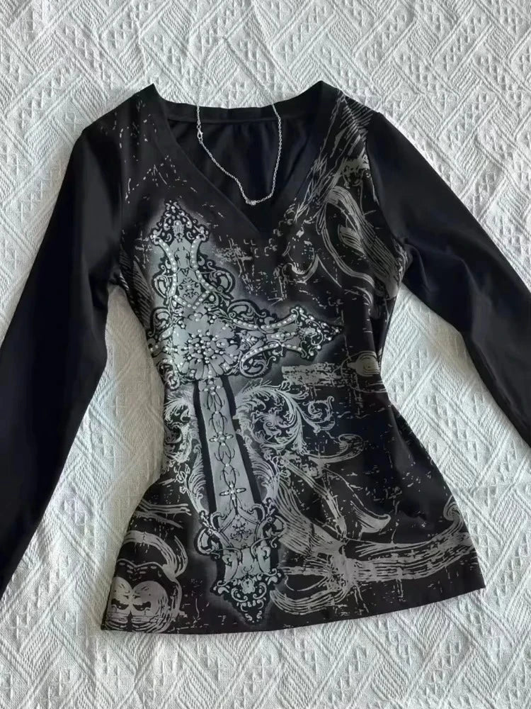 Camiseta Crop Top Mujer Y2K - T-Shirt Cuello V Rosa Estampado Verano