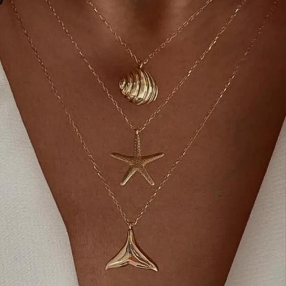 Boho Shell Starfish Necklace Set - 2pcs Pearl Chain Jewelry
