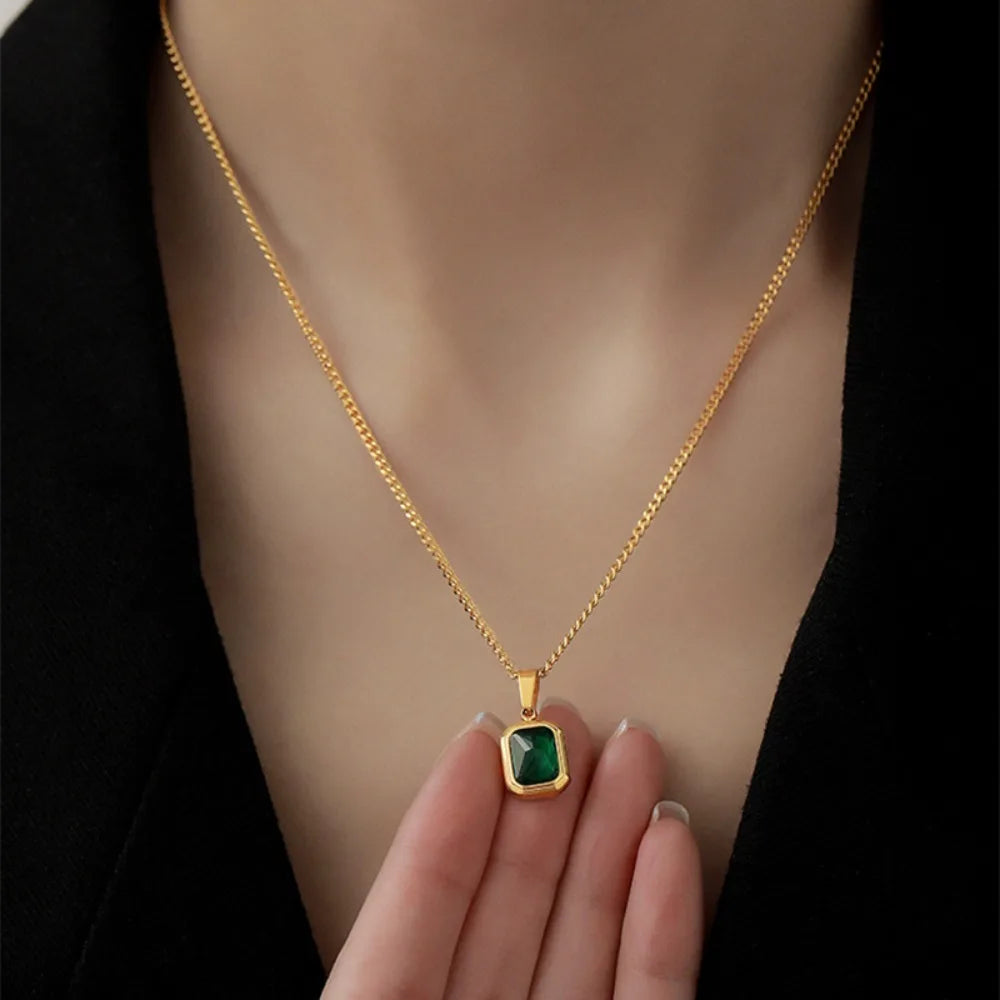 Elegant Square Green Zircon Pendant Necklace Titanium Steel Necklace Girls Wedding Engagement Jewelry