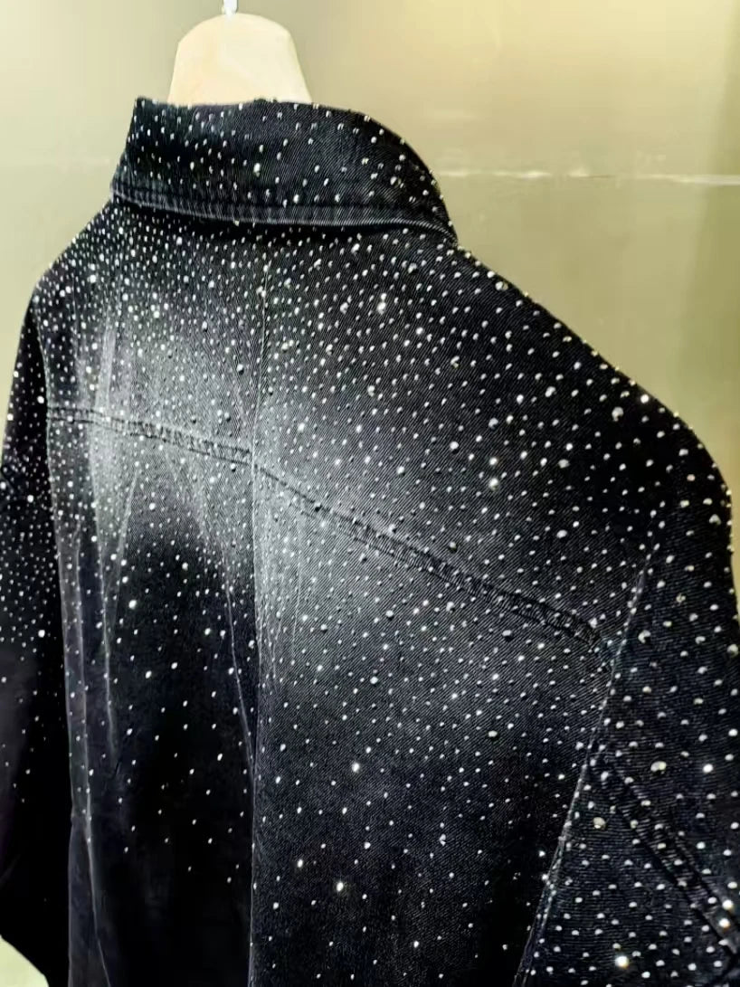 Camisa de Mezclilla Mujer con Pedrería - Blusa Casual Negra Otoño 2025