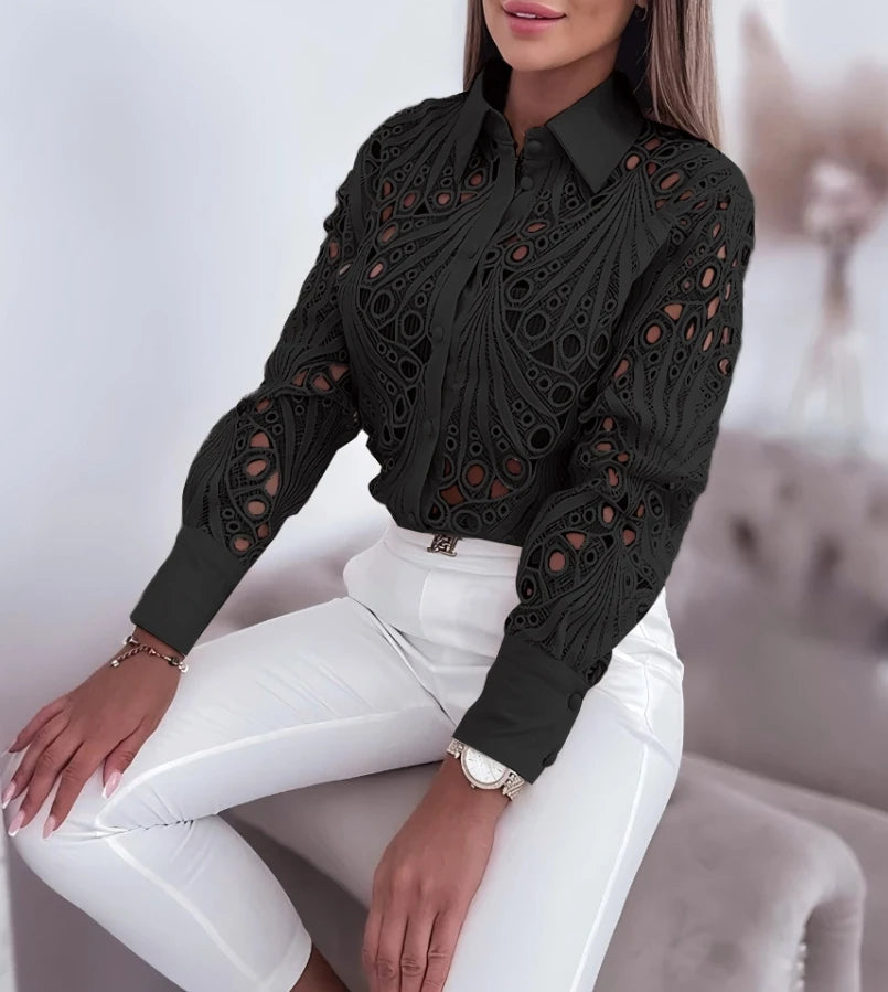 Blusa Elegante Mujer con Encaje - Camisa Manga Larga Casual 2025