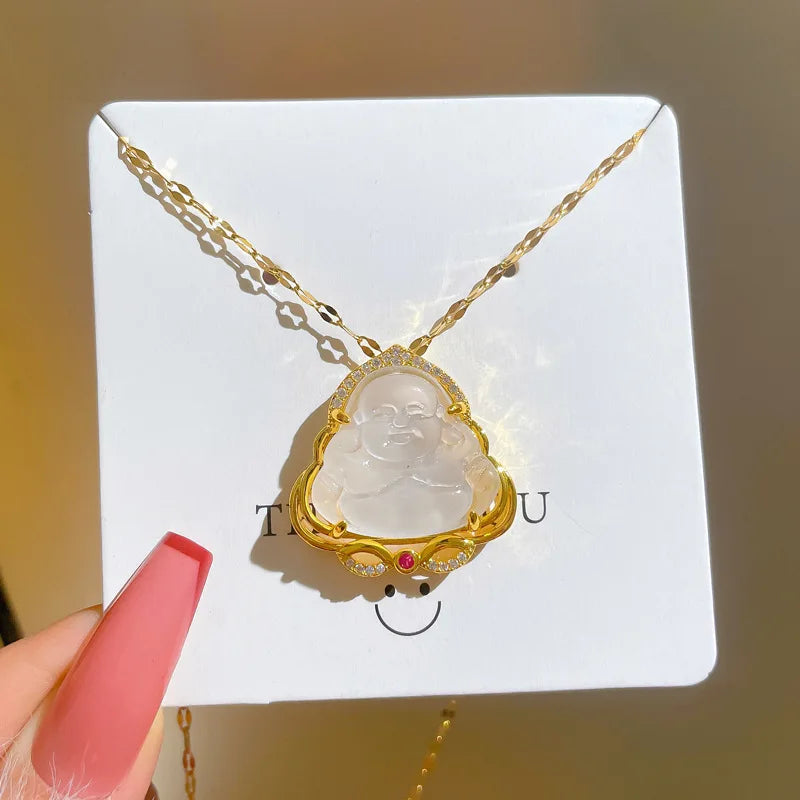Jade Buddha Pendant Necklace - Titanium Steel Zircon Clavicle