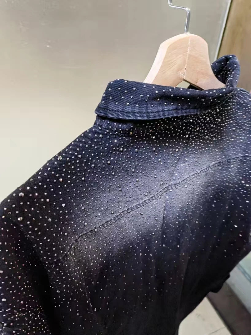 Camisa de Mezclilla Mujer con Pedrería - Blusa Casual Negra Otoño 2025