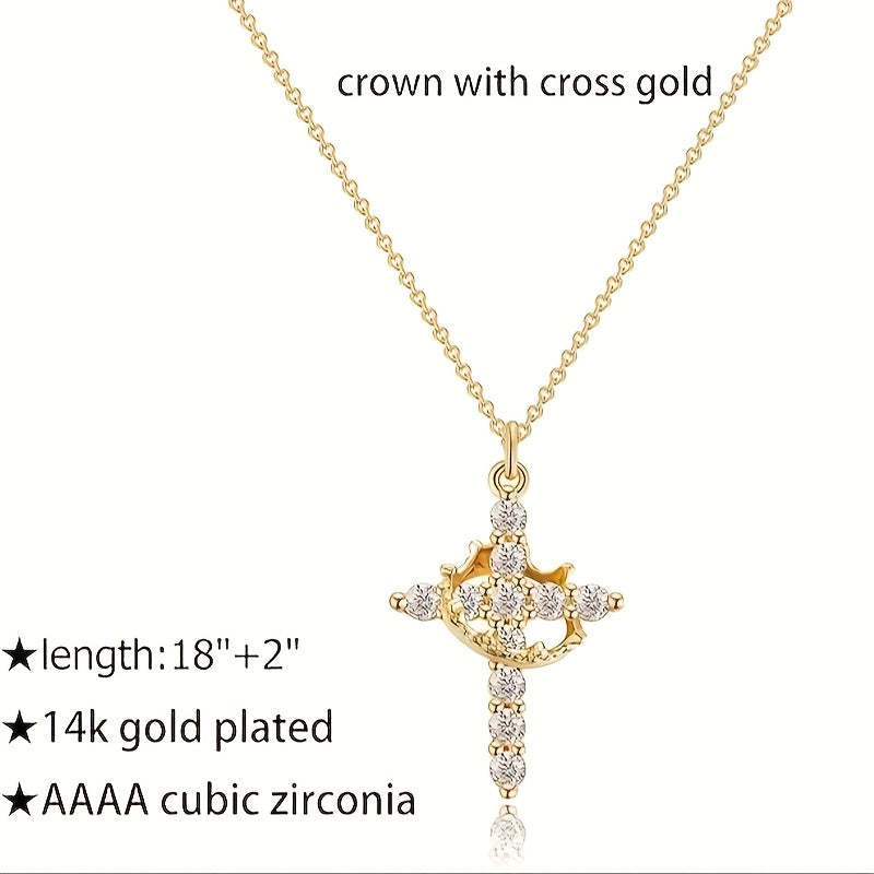 Elegant Crown Cross, Shining Noble Ladies Jewelry, Rotating, 14K Gold Plated Jewelry, Gorgeous Stone, Suitable For Individual Or Combination Wear, Best Gift For Her
