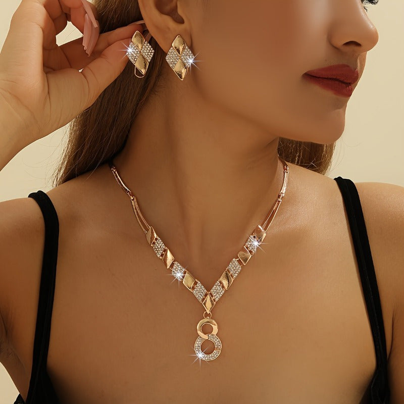 Luxury 3pcs Gold-Plated Jewelry Set for - Sparkling Rhinestone Necklace & Earrings, Vintage & Sexy Wedding, Valentine’s Day Gift, Party or Everyday Elegant Alloy Necklace and Earrings Set for Special Occasions & Year-Round
