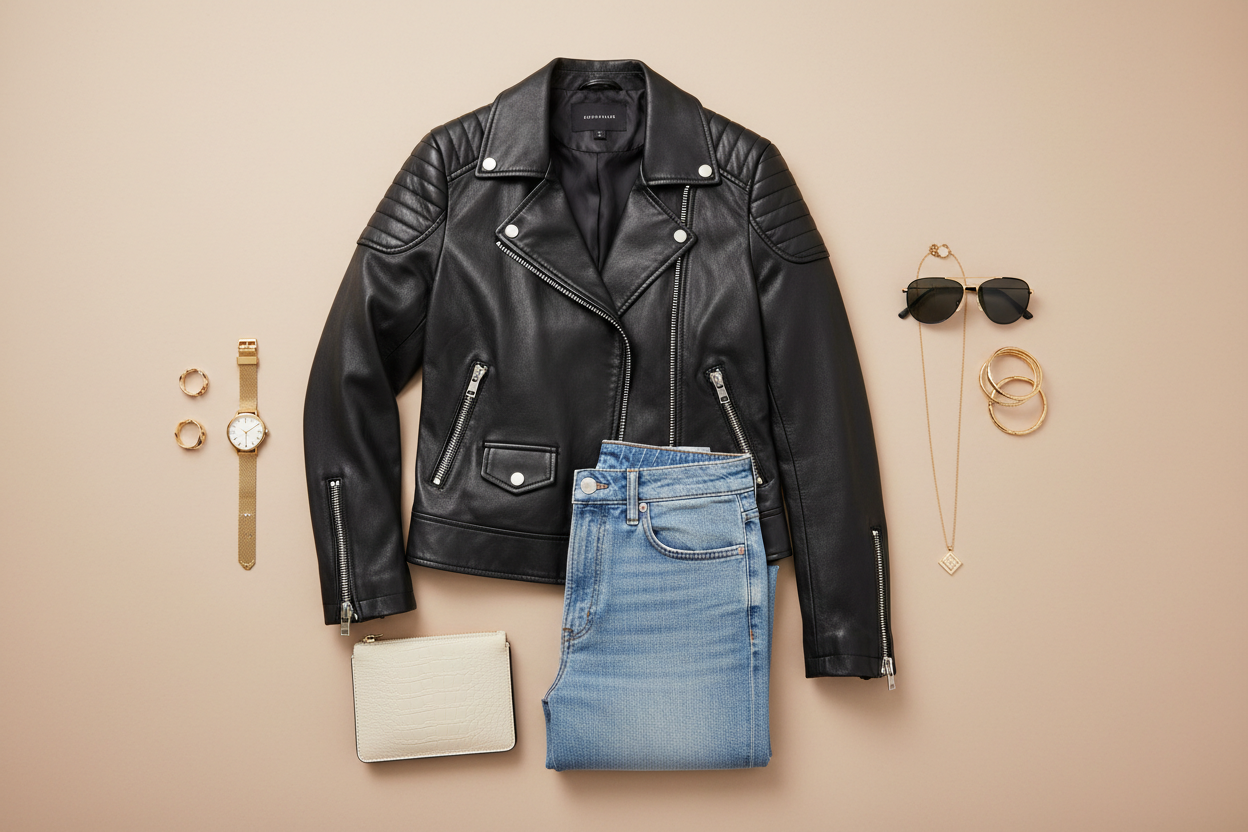 Outfit con chaqueta de cuero, mezclilla, gafas y oro